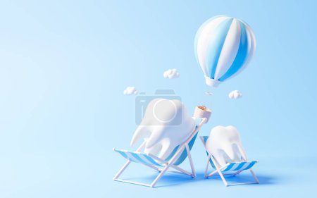 Ząb na krześle plażowym, renderowanie 3D. Rysunek cyfrowy.