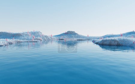 Foto de Pastizales azules con lagos, 3d renderizado. Dibujo digital. - Imagen libre de derechos
