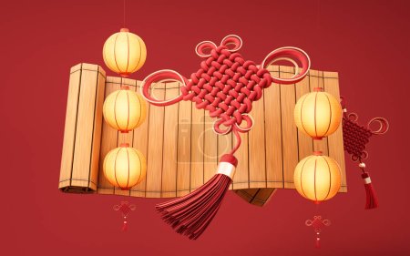 Téléchargez les photos : Noeud chinois avec style oriental ancien, rendu 3D. Dessin numérique. - en image libre de droit