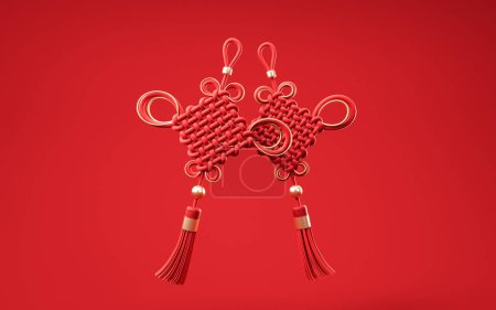 Téléchargez les photos : Noeud chinois avec style oriental ancien, rendu 3D. Dessin numérique. - en image libre de droit