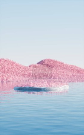 Rock-Produktbühne mit rosa Grasland und Seen, 3D-Rendering. Digitale Zeichnung.
