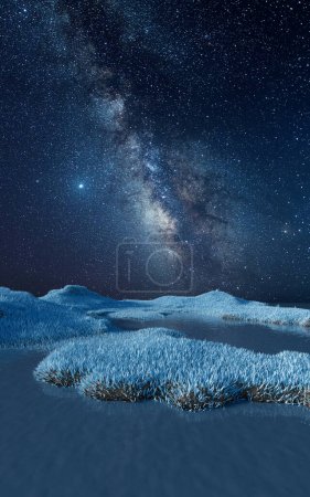Blue grassland with milky way at night, 3d rendering. Digital drawing.