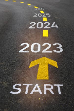 Start ins neue Jahr von 2023 bis 2027 mit Pfeilmarkierung auf der Straße. Fünf Jahre Gründungsidee und erste Erfolgsidee