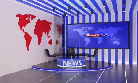 Téléchargez les photos : Glass table and lcd background in the news studio room.3d rendering. - en image libre de droit