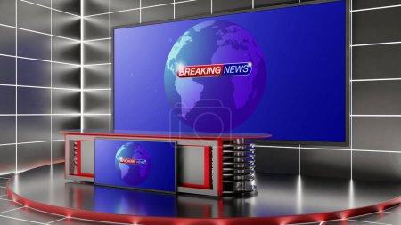 Photo for Glass table and chairs on stand  with led screen background in the news studio room.3d rendering. - Royalty Free Image