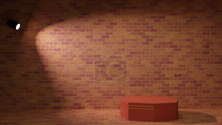 Foto de Red podium and spotlight with red brick wall background in the room.3d rendering. - Imagen libre de derechos