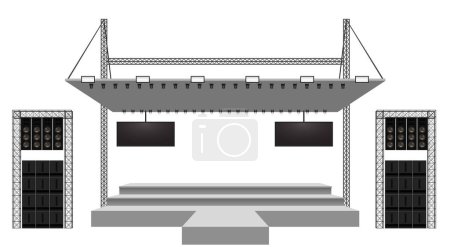 weiße Bühne und Lautsprecher mit Scheinwerfer auf dem Fachwerksystem auf weißem Hintergrund