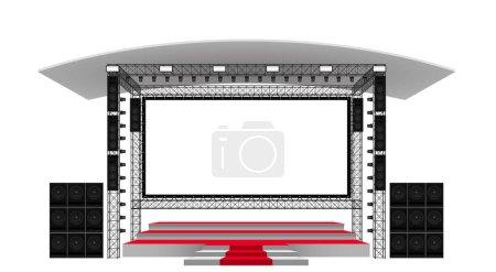 red stage and white screen with spotlight on the truss system on the white background