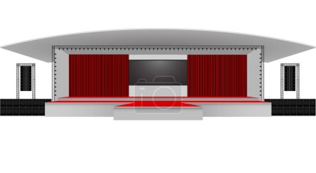 Rote Bühne und Lautsprecher mit LED-Bildschirm auf dem Fachwerksystem auf weißem Hintergrund