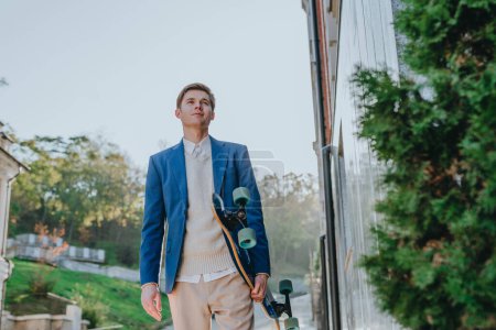 Foto de Sonriente joven hombre de negocios guapo con traje mensajería celebración longboard caminar calle - Imagen libre de derechos