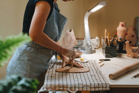 Téléchargez les photos : Jeune femme potier sculptant une assiette d'argile dans son atelier. Concentration sélective. - en image libre de droit