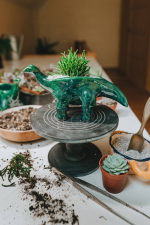 Téléchargez les photos : Pot en céramique en forme de dinosaure avec succulent en atelier. Concentration sélective. - en image libre de droit