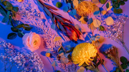 Photo for Overhead view of variety of flowers on violet background in neon light with shadows. Top view, flat lay. Horizontal panoramic banner. - Royalty Free Image