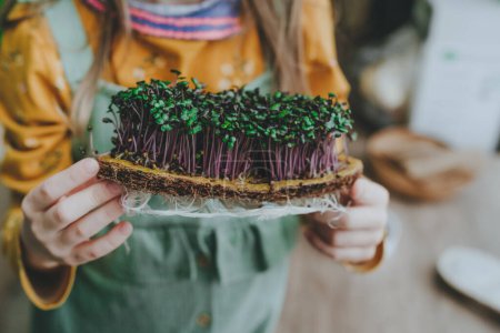 Photo for Little girl holding microgreens of cabbage. Idea of DIY homegrown vitamin food. - Royalty Free Image