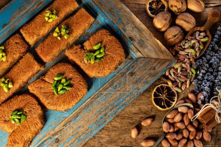 Homemade dessert with walnut and pistachios named tel kadayif. Bayram sekeri . 
