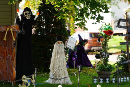 Photo for New Lisbon, Wisconsin USA - October 8th, 2022: Homeowners of the community dressed up their house and yard with scary Halloween decorations for 2022. - Royalty Free Image