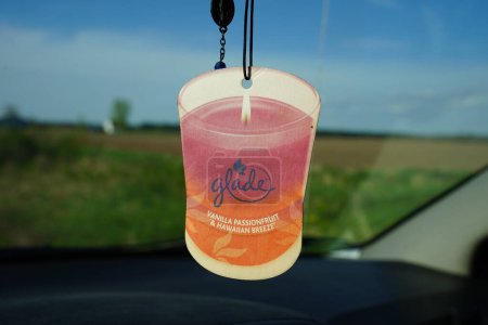 Photo for New Lisbon, Wisconsin USA - May 9th, 2023: Glade Automotive Vanilla Passion fruit and Hawaiian Breeze paper air freshener mirror hanger. - Royalty Free Image