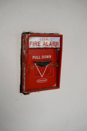 Photo for Fond du Lac, Wisconsin USA - March 28th, 2021: Faraday local fire alarm pull down is used for a safety fire alarm system. - Royalty Free Image