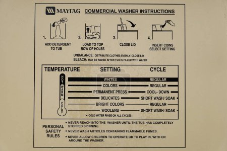 Foto de Fond du Lac, Wisconsin Estados Unidos - 1 de mayo de 2021: Maytag commercial clothes washing machine instructions on top loader lid. - Imagen libre de derechos