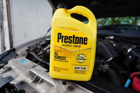 Photo for Fond du Lac, Wisconsin USA - May 19th, 2021: Front side of 1 gallon of ready to use Prestone antifreeze and coolant for all vehicles. - Royalty Free Image