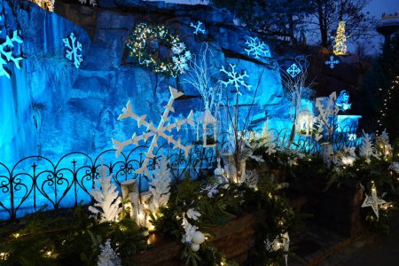 Photo for Beautiful Blue and White Christmas decorations outside. - Royalty Free Image