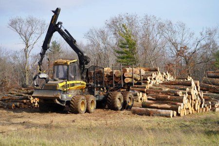 Photo for New Lisbon, Wisconsin USA - November 9th, 2022: Ponsse Elk wood log transport truck moving logs around to carry - Royalty Free Image