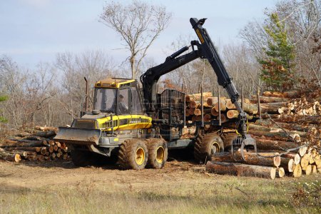 Foto de Nueva Lisboa, Wisconsin, EE.UU. - 9 de noviembre de 2022: Ponsse Elk camión de transporte de troncos de madera moviendo troncos para llevar - Imagen libre de derechos