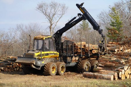 Téléchargez les photos : New Lisbon, Wisconsin États-Unis - 9 novembre 2022 : Ponsse Elk camion de transport de grumes de bois se déplaçant pour transporter des grumes - en image libre de droit