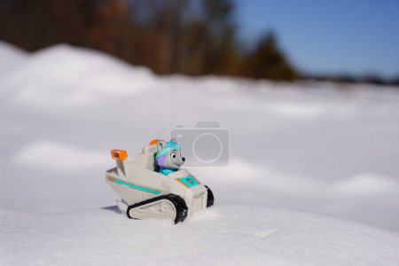 Foto de Nueva Lisboa, Wisconsin, EE.UU. - 14 de marzo de 2023: Spin Master Paw Patrol Everest y Chase juguetes para niños colocados afuera en el frío invierno. - Imagen libre de derechos