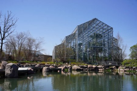Téléchargez les photos : Lagune artificielle derrière un jardin botanique et une véranda. - en image libre de droit