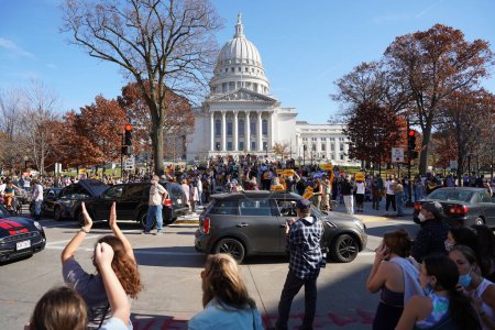 Photo for Madison, Wisconsin / USA - November 7th, 2020: Joe Biden and kamala harris supporters took to the streets of madison to celebrate their victory in the 2020 election. - Royalty Free Image