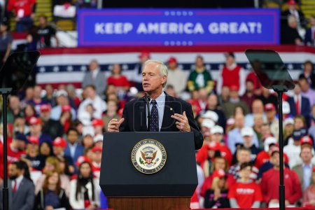 Photo for Milwaukee, Wisconsin / USA - January 14th, 2020: Ron Johnson Wisconsin Republican Senator gave a powerful speech at President Donald Trump Rally at UW-Milwaukee Panther Arena to a crowd of supporters - Royalty Free Image