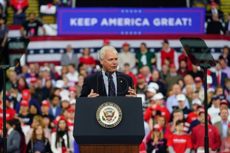 Photo for Milwaukee, Wisconsin / USA - January 14th, 2020: Ron Johnson Wisconsin Republican Senator gave a powerful speech at President Donald Trump Rally at UW-Milwaukee Panther Arena to a crowd of supporters - Royalty Free Image