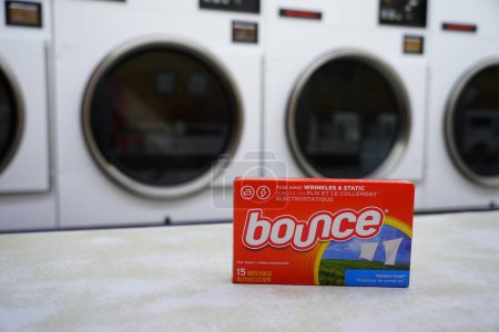 Photo for New Lisbon, Wisconsin USA - January 31st, 2023: 15 sheet box of Bounce dryer sheets at a laundromat. - Royalty Free Image