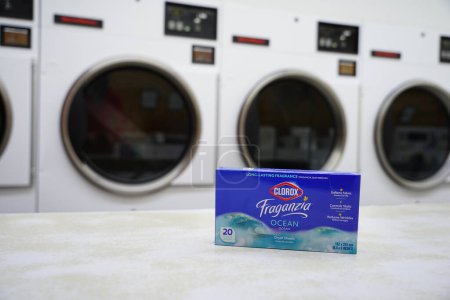 Photo for New Lisbon, Wisconsin USA - February 2nd, 2023: Box of 20 dryer sheets of Clorox Fraganzia Ocean at a laundromat. - Royalty Free Image
