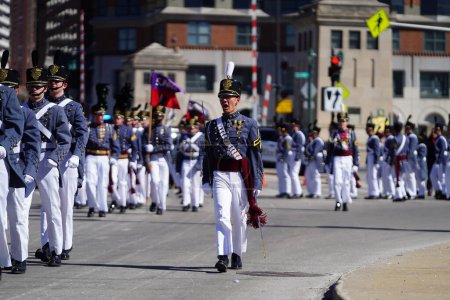 Photo for Milwaukee, Wisconsin USA - March 12th, 2022: St. John's Northwestern Military Academy marched in St. Patrick's Day parade in uniform - Royalty Free Image