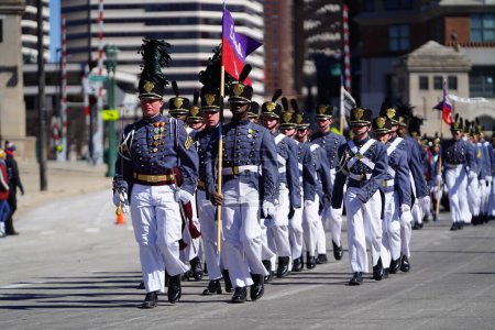 Photo for Milwaukee, Wisconsin USA - March 12th, 2022: St. John's Northwestern Military Academy marched in St. Patrick's Day parade in uniform - Royalty Free Image