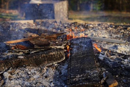 Téléchargez les photos : Bois cendré brûlant dans la cheminée à l'extérieur - en image libre de droit