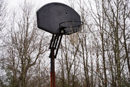 Foto de Nueva Lisboa, Wisconsin - 5 de mayo de 2022: La vieja cancha de baloncesto abandonada se degrada en un bosque. - Imagen libre de derechos