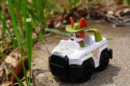 Téléchargez les photos : New Lisbon, Wisconsin États-Unis - mai 10th, 2023 : Paw Patrol Pup figurine d'action Tracker assis à l'extérieur autour de l'herbe. - en image libre de droit