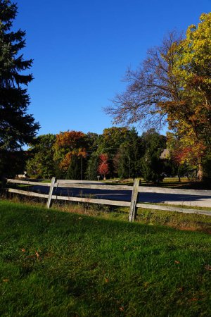 Téléchargez les photos : Clôture en bois devant la forêt colorée d'automne pendant la saison d'automne à Fond du Lac, Wisconsin - en image libre de droit