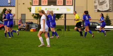 Photo for Oshkosh, Wisconsin USA - April 9th, 2022: Young adult female soccer players played in Oshkosh United Soccer club preseason tournament. - Royalty Free Image