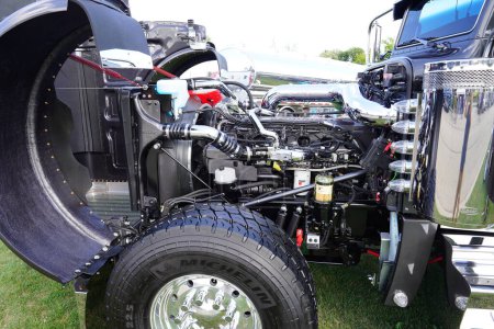 Photo for Waupun, Wisconsin USA - August 11th, 2023: 2021 Cummings Diesel X15 engine inside of semi-trucks and big rig trucks. - Royalty Free Image