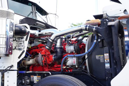 Photo for Waupun, Wisconsin USA - August 11th, 2023: 2021 Cummings Diesel X15 engine inside of semi-trucks and big rig trucks. - Royalty Free Image
