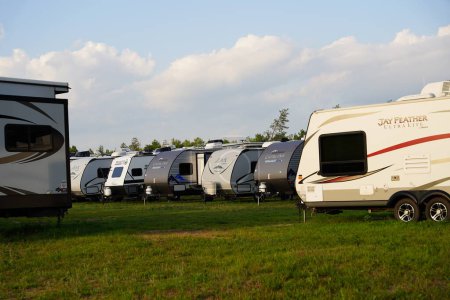 Photo for New Lisbon, Wisconsin USA - August 1st, 2023: Many trailer campers gathered together to be sold. - Royalty Free Image