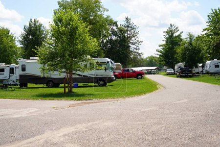Photo for New Lisbon, Wisconsin USA - August 1st, 2023: Many trailer campers gathered together to be sold. - Royalty Free Image