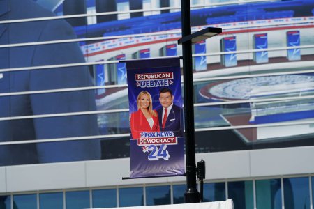 Photo for Milwaukee, Wisconsin USA - August 23rd, 2023: 2024 Republican Presidential Debate held at Fiserv Forum Milwaukee Bucks Stadium hosted by Fox News and moderated by Bret Baier and Martha MacCallum - Royalty Free Image