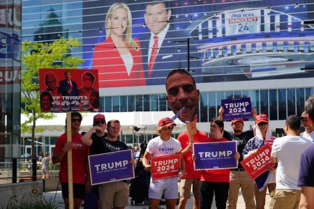 Photo for Milwaukee, Wisconsin USA - August 23rd, 2023: Trump supporters gathered and rallied at the Fiserv Forum during the 2024 Republican Presidential Debate. - Royalty Free Image