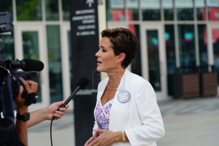 Photo for Milwaukee, Wisconsin USA - August 23rd, 2023: Former Arizona Republican nominee Kari Lake showed up at the 2024 Republican Presidential Debate at Fiserv Forum to give interviews to the - Royalty Free Image