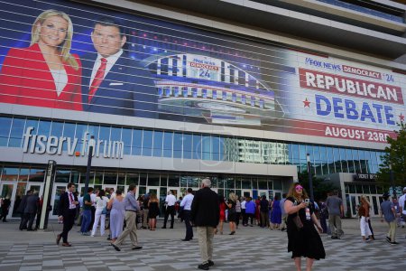 Photo for Milwaukee, Wisconsin USA - August 23rd, 2023: 2024 Republican Presidential Debate held at Fiserv Forum Milwaukee Bucks Stadium hosted by Fox News and moderated by Bret Baier and Martha MacCallum. - Royalty Free Image